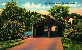 Old Covered Bridge Old Town Maine ME UNP Linen Postcard - £2.92 GBP