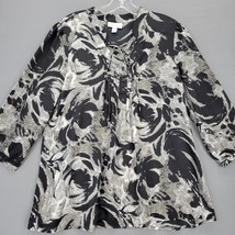 Fashion Bug Women Shirt Size M Gray Black Preppy Print 3/4 Sleeve Tie V-Neck Top - £8.40 GBP