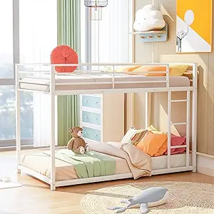 Merax Twin Over Twin Metal Bunk Bed, Low Bunk Bed with Ladder,White - $424.99