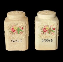 Vintage Japanese Ceramic Salt &amp; Pepper Shakers Square Floral Antique Corks Large - £8.88 GBP