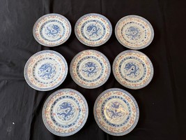 Set Of 8 Fine Chinese Blue &amp; Gold Dragon Rice Grain Porcelain Plates 7” ... - £193.08 GBP