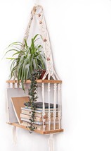 Boho Wall Hanging Shelves Macrame Floating Plant Photos Wood Shelf For B... - £32.35 GBP