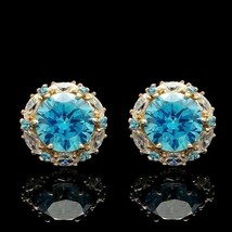 14K Yellow Gold Plated Silver 2Ct Simulated Blue Topaz Halo Stud Women Earrings - £78.29 GBP