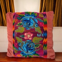 Handmade Vintage Guatemalan Floral Tapestry Velvet Throw Pillow Retro MCM - £15.55 GBP