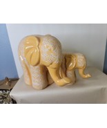 Elephants Mother And Baby Butter Yellow  Ceramic NOS Carved Flowers - £27.30 GBP