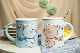 Ebros Pack Of 2 Valentines Love Pigs Blue And White Coffee Mugs With Lid &amp; Spoon - £19.33 GBP