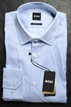 HUGO BOSS Hombre Joe Kent Corte Normal Azul Rayas Algodón Camisa 37 14.5 - $64.23