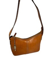 VTG Fossil Leather Bag Purse Small Shoulder Strap With Charm Brown Cognac ZB9092 - £29.38 GBP