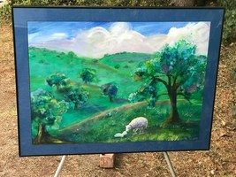 Eb Original Modern Impressionist Landscape Rural Farm Watercolor Sheep With Lamb - $1,100.00