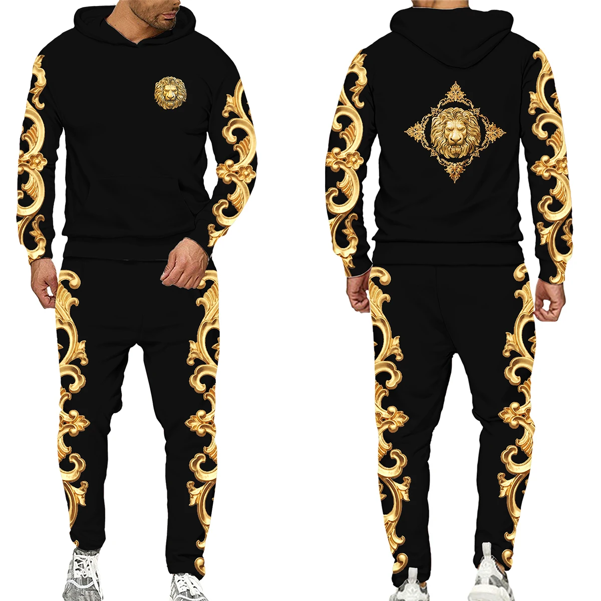 Sporting Men Women Golden Pattern Lion Head Printed Hoodie/Trousers/Suit Graphic - £41.39 GBP