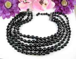 Star 5 Strand Black Beaded Vintage Necklace Multi Beaded Round Faceted Graduated - £21.38 GBP