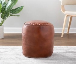 Leather Round Pouf Ottoman , extra seating , floor cushion , hassock , Footstool - £173.98 GBP