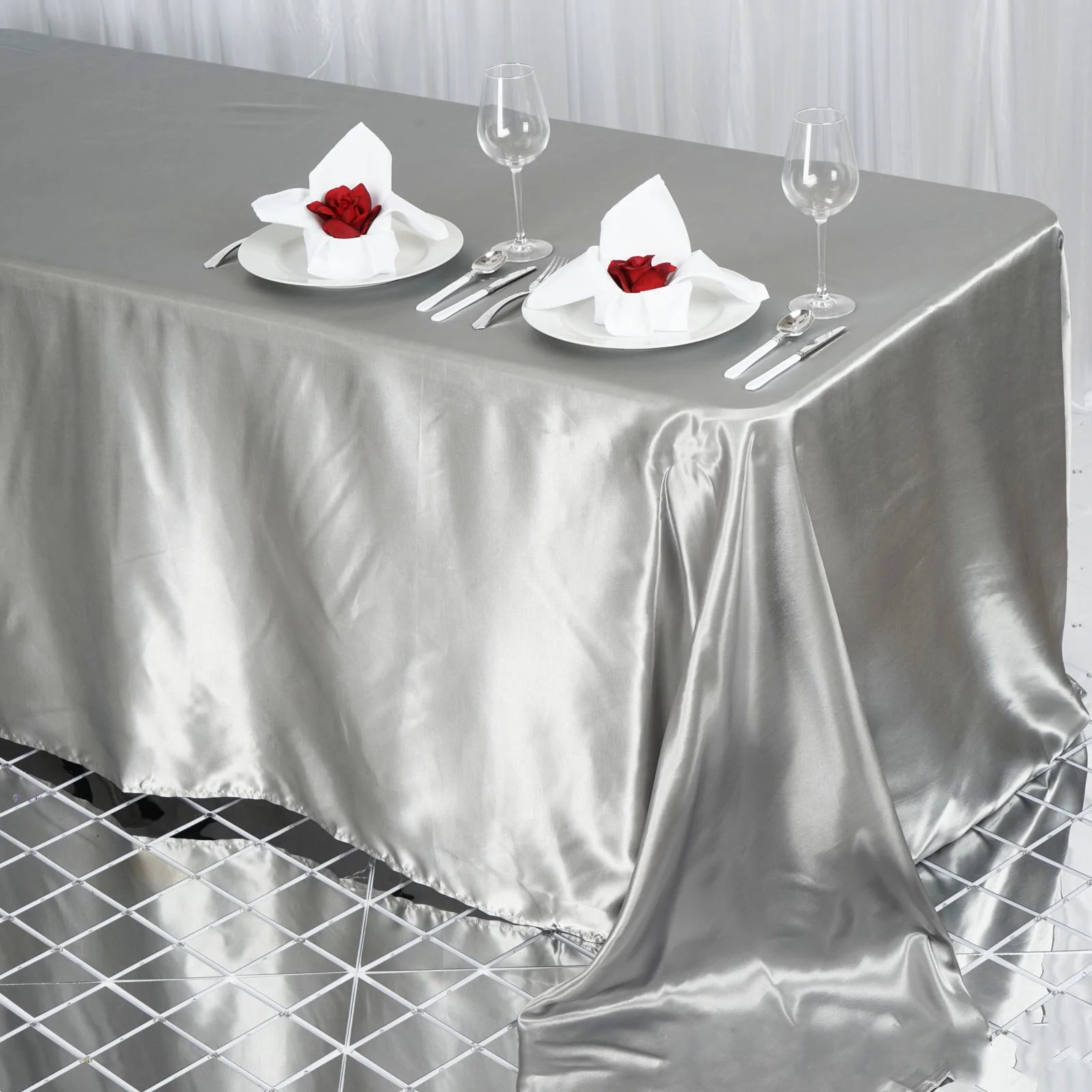Silver - 90x132&quot; Rectangle Satin Tablecloth Wedding Party Events  - £24.13 GBP
