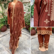 Pakistani Brown Straight Shirt 3-PCS Lawn Suit w/ Threadwork ,Large - $86.13