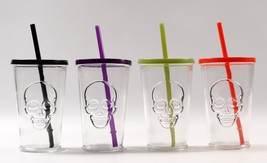 Halloween Skull Glass Tumblers Set of 4 Assorted Lids and Straws NEW Day of Dead - £18.67 GBP