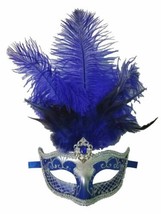 Royal Blue Feather Silver Venetian Masquerade Mardi Gras Mask - $20.48