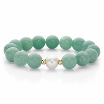 PalmBeach Jewelry 10k Gold Jade and Freshwater Pearl Beaded Stretch Bracelet 9&quot; - £103.74 GBP