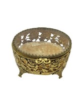 Antique Gold Filigree Round Roses Jewelry Box Casket Amber Glass Trinket... - £44.86 GBP