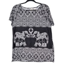 Chicos Elephant Shirt Womens 2 L 12 Black White Short Sleeve India Geome... - $15.70