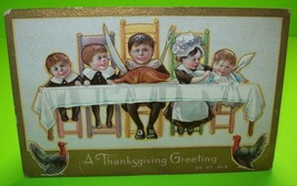 Thanksgiving Postcard Vintage Embossed Pilgrim Kids At Table Series 10 Unused - £8.98 GBP