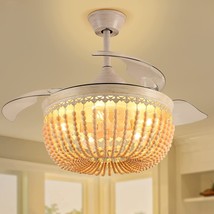 42 Inch Retractable Wood Bead Ceiling Fan Boho Chandelier With Remote Control - £81.60 GBP