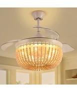 42 Inch Retractable Wood Bead Ceiling Fan Boho Chandelier With Remote Co... - £103.77 GBP