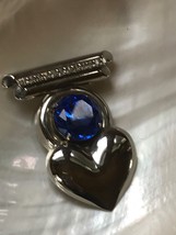 Estate Large Silvertone Double Bar with Clear &amp; Round Blue Rhinestone Heart Pin  - £9.80 GBP