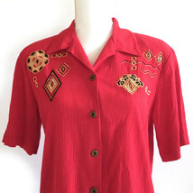 Koret Vintage 80s Womens Red Blouse Gold Embroidered Pattern Size Small Top - $20.78