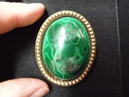 (BR-404) green Malachite gemstone on gold rope trimmed oval brass pin pendant - £28.51 GBP