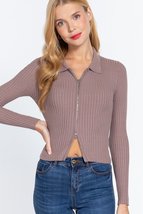 Dusk Mauve Notched Collar Front Zip Long Sleeve Slim Fit Stretchy Knit S... - $15.00
