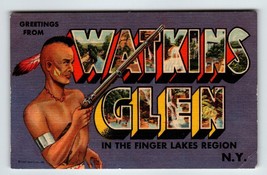 Greetings From Watkins Glen New York Large Letter Linen Postcard Finger Lakes NY - £9.45 GBP