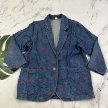 Womens Vintage 80s Denim Blazer Jacket Size L Blue Red Floral Jean Oversize - $36.62