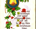 A Merry Christmas Emboosed Gilt Holly Lantern Poem 1912 Vtg Postcard - $7.87
