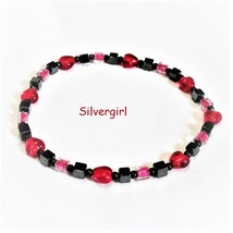 Hematite Pink Miyuki Cube Red Heart Bead Bunch Bracelet - £7.98 GBP