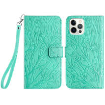 For iPhone 14 Pro Max Tree Birds Embossed Pattern Leather Phone Case(Green) - £3.94 GBP