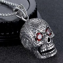 Punk Gothic Red Eye Skull Pendant Necklace Retro Biker Jewelry For Men Unisex - £9.48 GBP