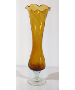 Vintage SPIRAL BUD VASE Hand Blown AMBER Glass Clear Stem Ruffle Edge 8&quot; - £8.66 GBP