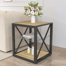 Modern Industrial End Table Nightstand - Glass &amp; Wood Top for Bedroom Li... - $1,828.00 MXN