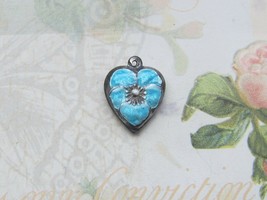 Vintage Sterling silver enameled puffy heart charm-AQUA BLUE pansy - £21.39 GBP