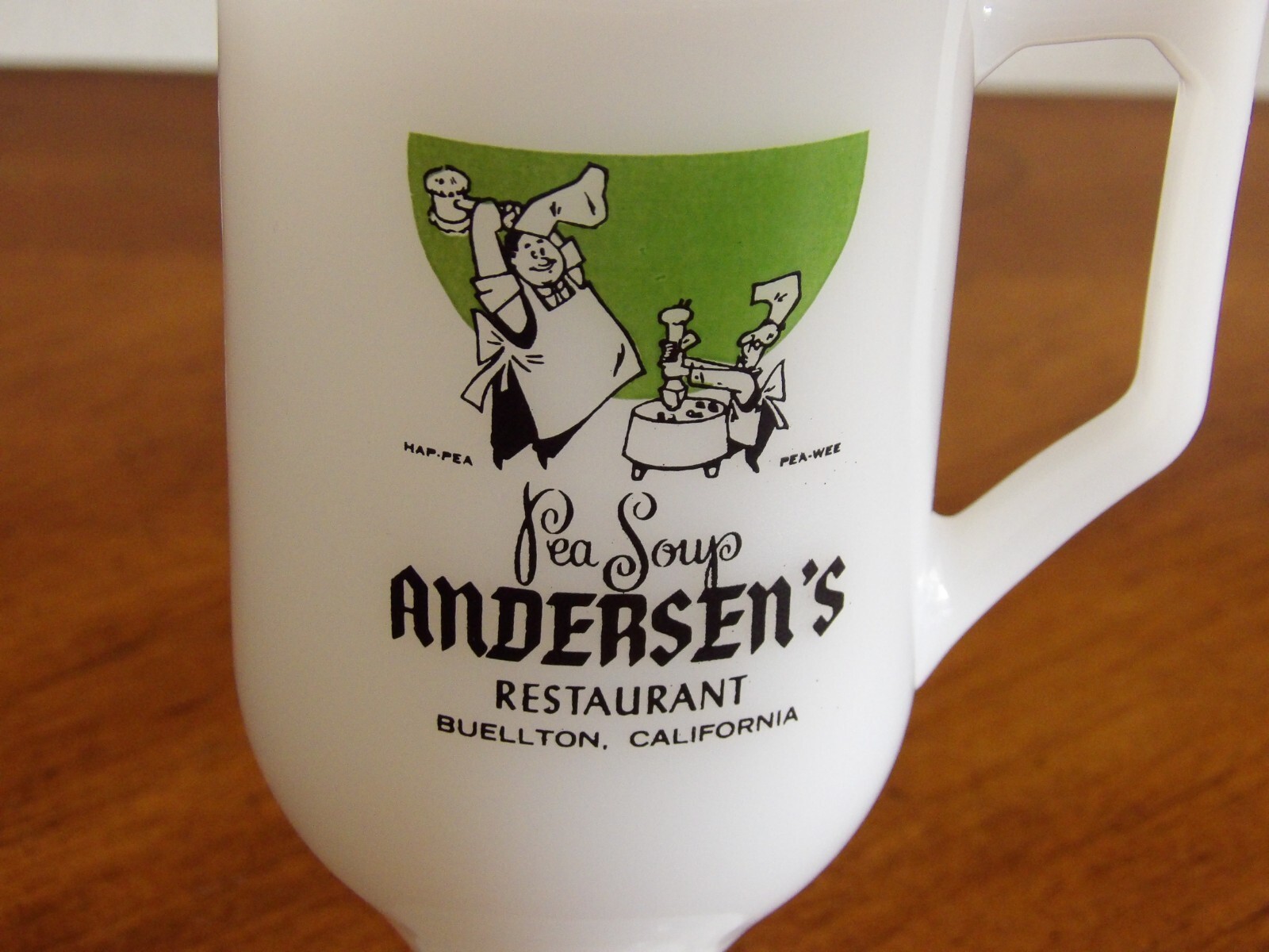 Vtg Milk Glass Pedestal Mug Andersen's Restaurant Pea Soup Advertising CA 5.5" Item image 3