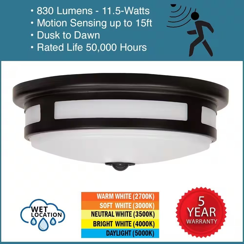 Hampton Bay Greenhaven 11 in. Black Outdoor Motion Sensing LED Ceiling Light Item image 6