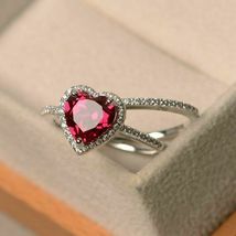 2CT Heart Cut Red Ruby 14k White Gold Over Halo Diamond Wedding Bridal Ring Set - £71.45 GBP