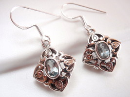 Small Faceted Blue Topaz Earrings 925 Sterling Silver Floral Filigree Style New - £15.81 GBP