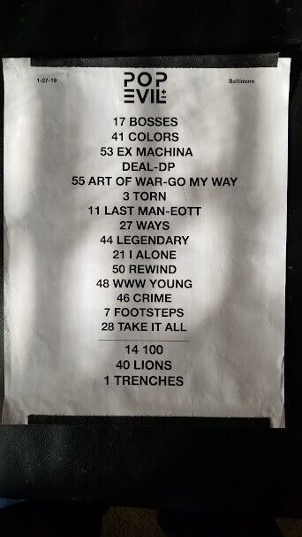 Primary image for POP EVIL - ORIGINAL 8.5 X 11 CONCERT STAGE USED SETLIST FROM BALTIMORE 1-27-19