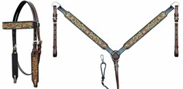 Horse Horse Western Floral Tooled Browband Bridle &amp; Breast Collar Tack Set - $89.09