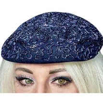 VTG 1950s Navy Wool Beaded Hat Lilyan Models Carnival  Beads Glam - $74.20