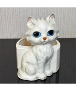 Lefton Gray Tabby Cat Planter Figurine Blue Eyes Mid Century Kitty Japan... - $31.48 CAD