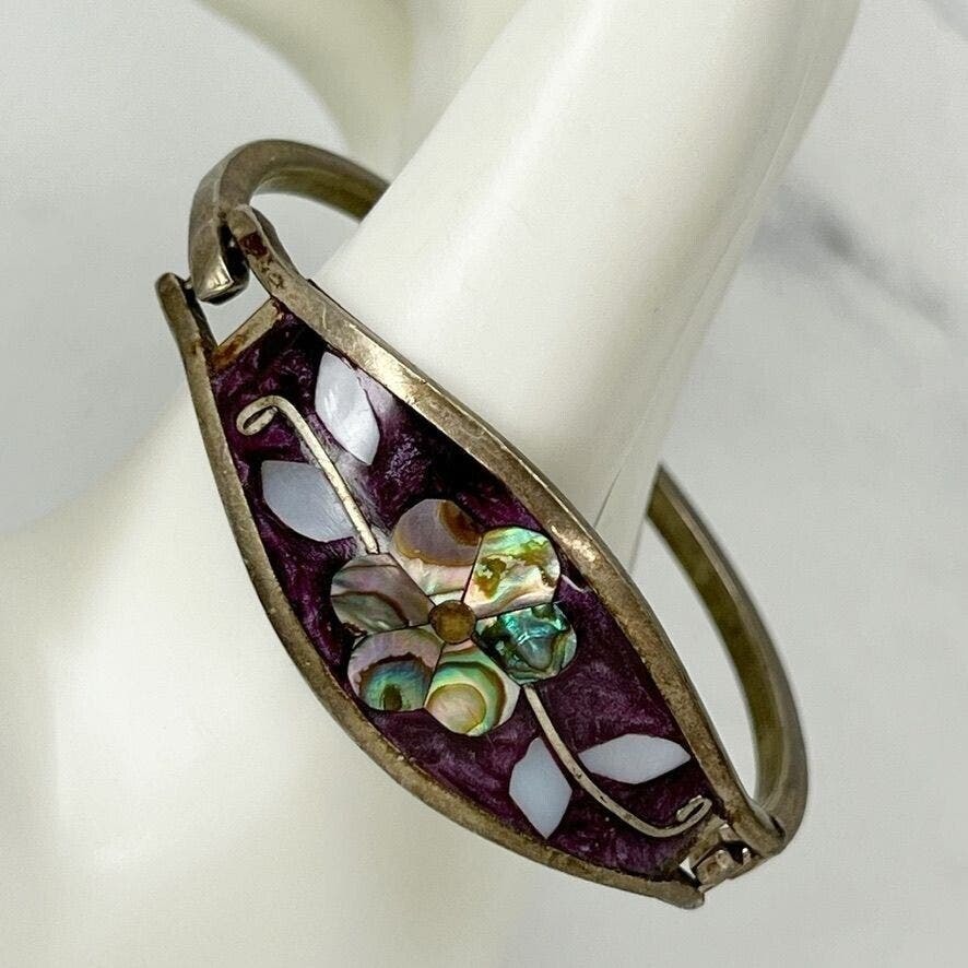 Primary image for Vintage Silver Tone Abalone Flower Purple Inlay Hinge Bangle Child's Bracelet