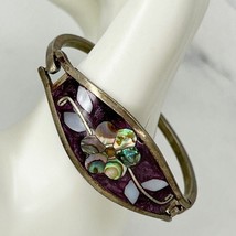 Vintage Silver Tone Abalone Flower Purple Inlay Hinge Bangle Child&#39;s Bracelet - £13.39 GBP