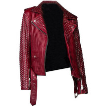 New Women&#39;s Maroon Metal Silver Studded Classic Brando Biker Leather Jacket-941 - $379.99